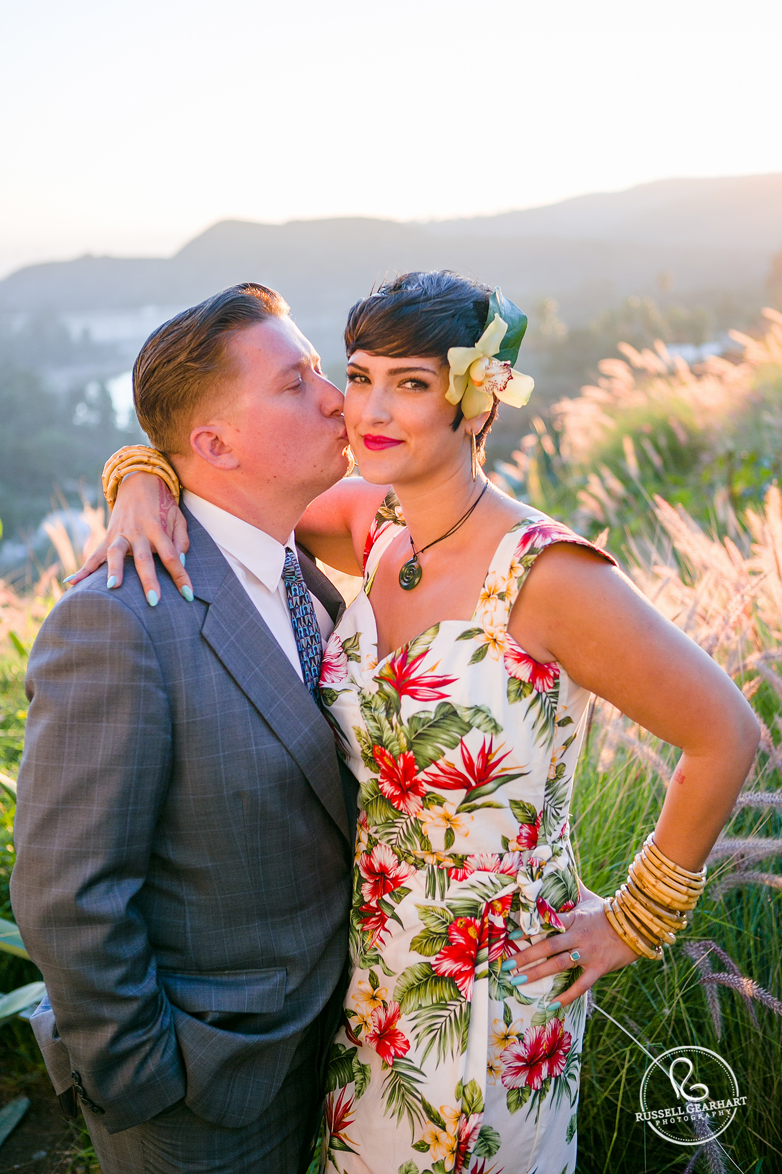 Los Angeles Sunset Wedding Portraits - Hawaiian Print Wedding Dress – Russell Gearhart Photography – www.gearhartphoto.com