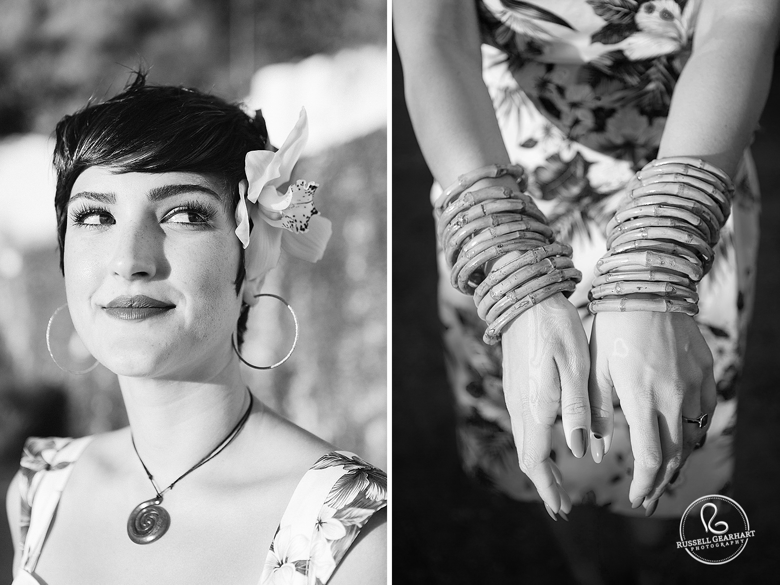 Hawaiian Luau Wedding Accessories: Bamboo Bangles and Hair Orchid - Hollywood Sign Bridal Portraits – Russell Gearhart Photography – www.gearhartphoto.com