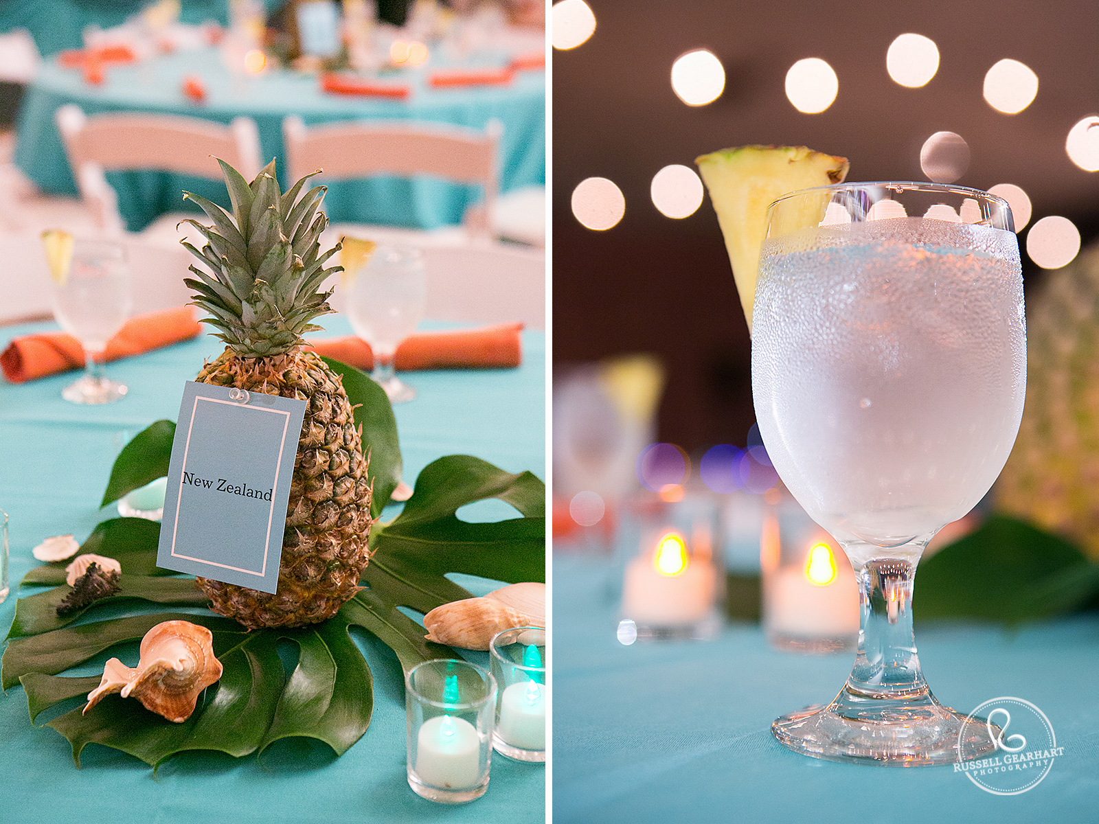 Pineapple Centerpiece: Hawaiian Luau Themed Wedding Reception – Russell Gearhart Photography – www.gearhartphoto.com