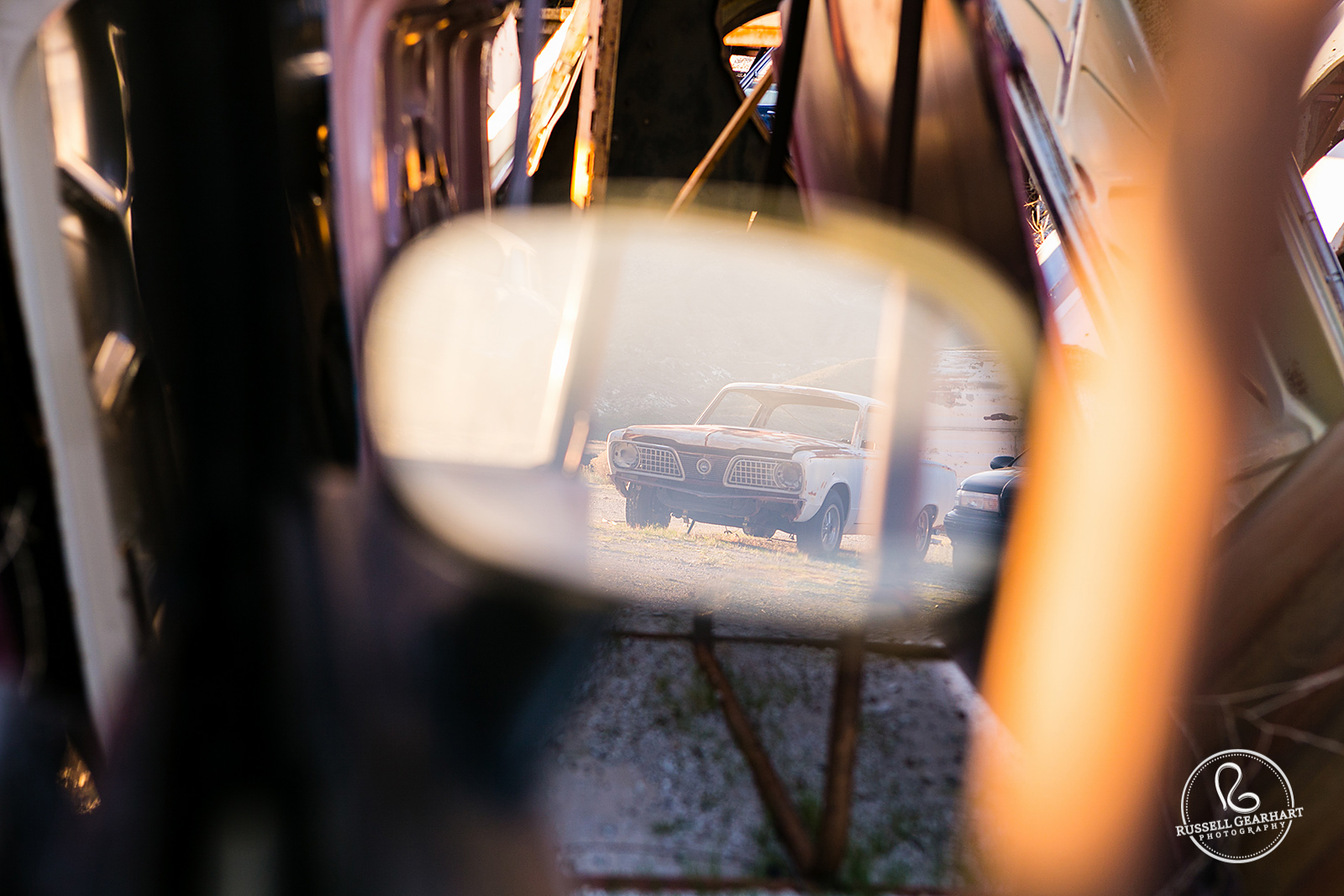 Car Reflected in Side Mirror – Southern California Rustic Engagement Location: Middleton Ranch – Russell Gearhart Photography – www.gearhartphoto.com