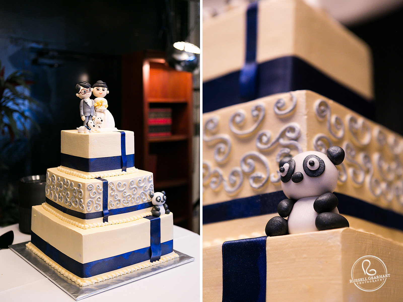 Blue and White Wedding Cake – Panda Bear Wedding Cake Topper – Monrovia Wedding Venue – Russell Gearhart Photography – www.gearhartphoto.com