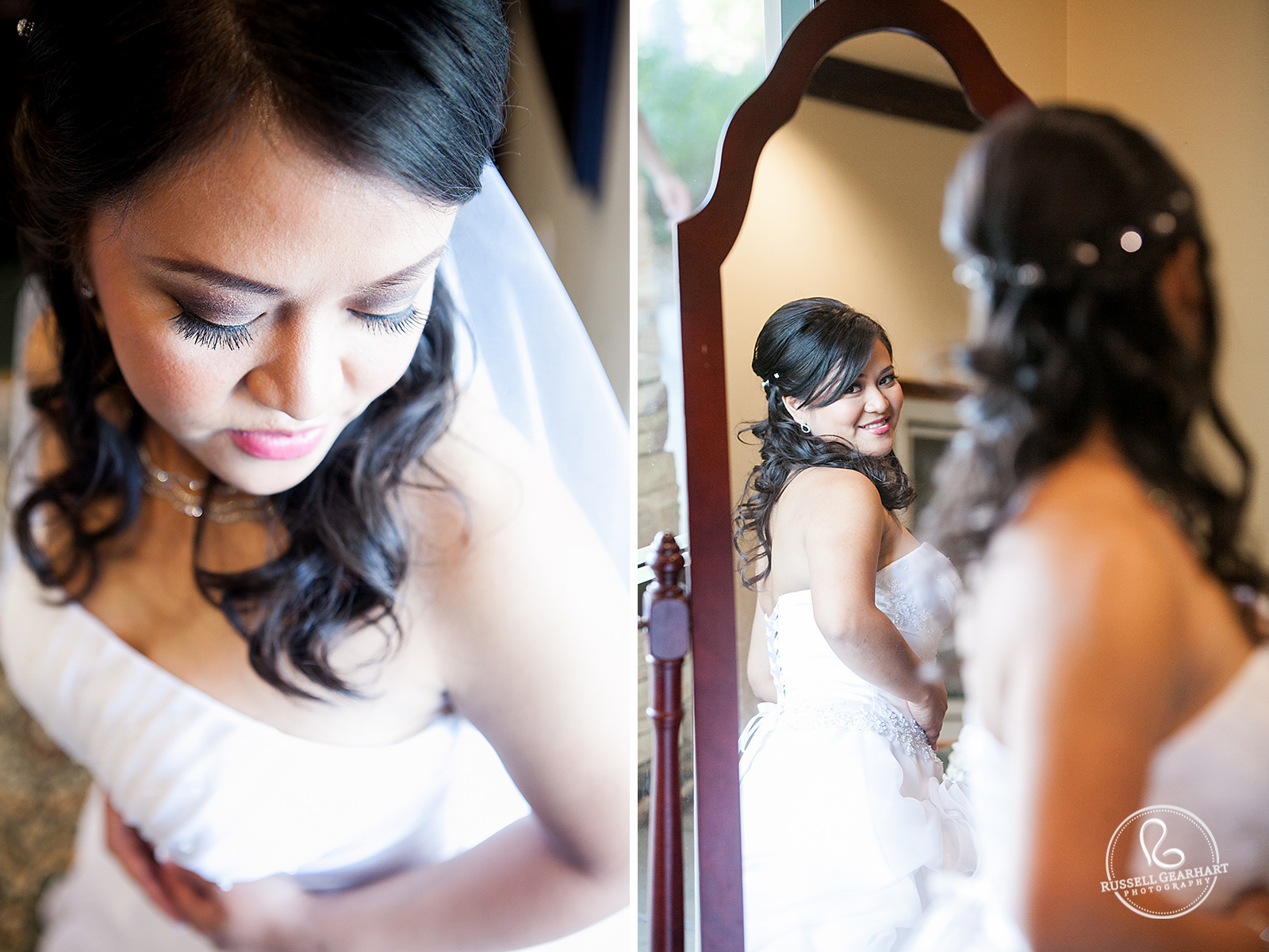 Bridal Portrait in Mirror - Tying Bride into Wedding Dress - Wedding at Black Gold Golf Club – Russell Gearhart Photography – www.gearhartphoto.com