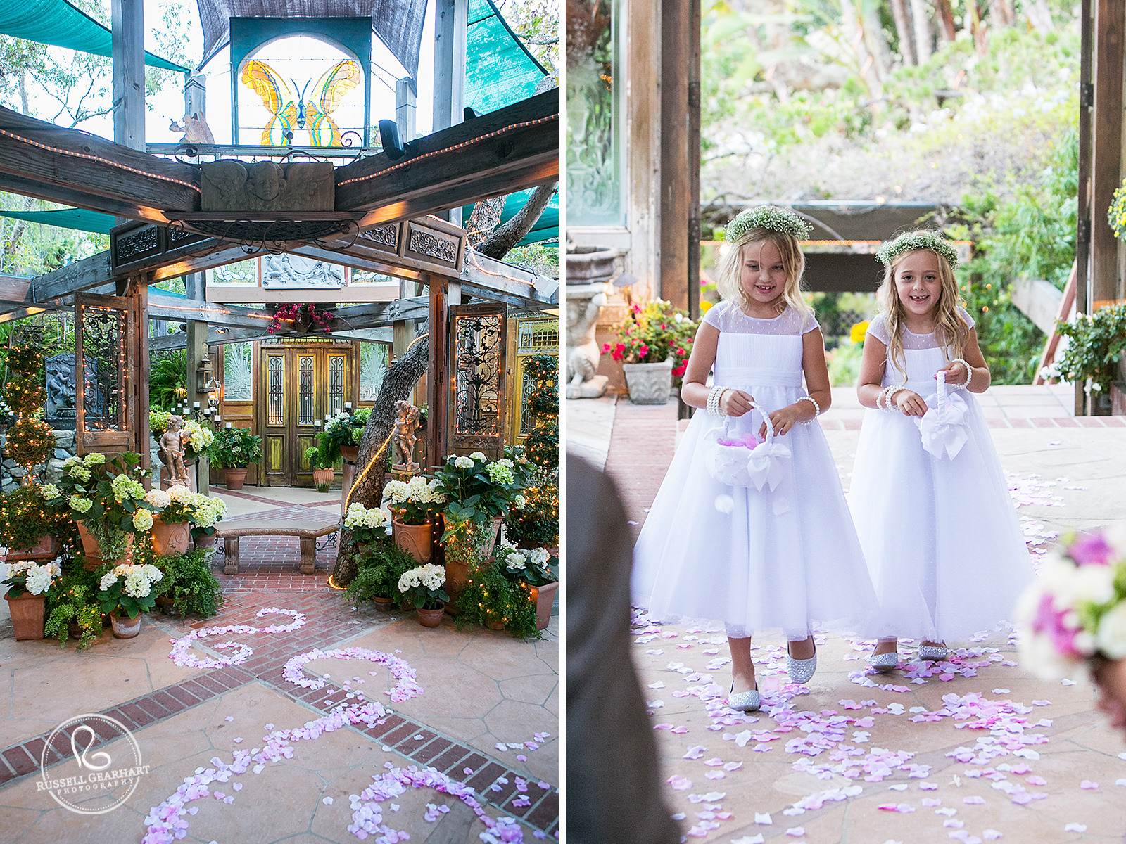 Ceremony Altar – Flower Girls Walking Aisle – Tivoli Terrace Chapel in Laguna Beach – Russell Gearhart Photography – www.gearhartphoto.com