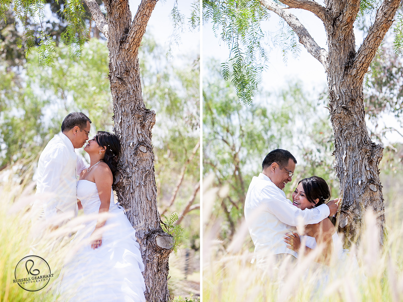 Asian Bride and Groom Laughing in Tall Grass - Black Gold Golf Club Wedding – Russell Gearhart Photography – www.gearhartphoto.com