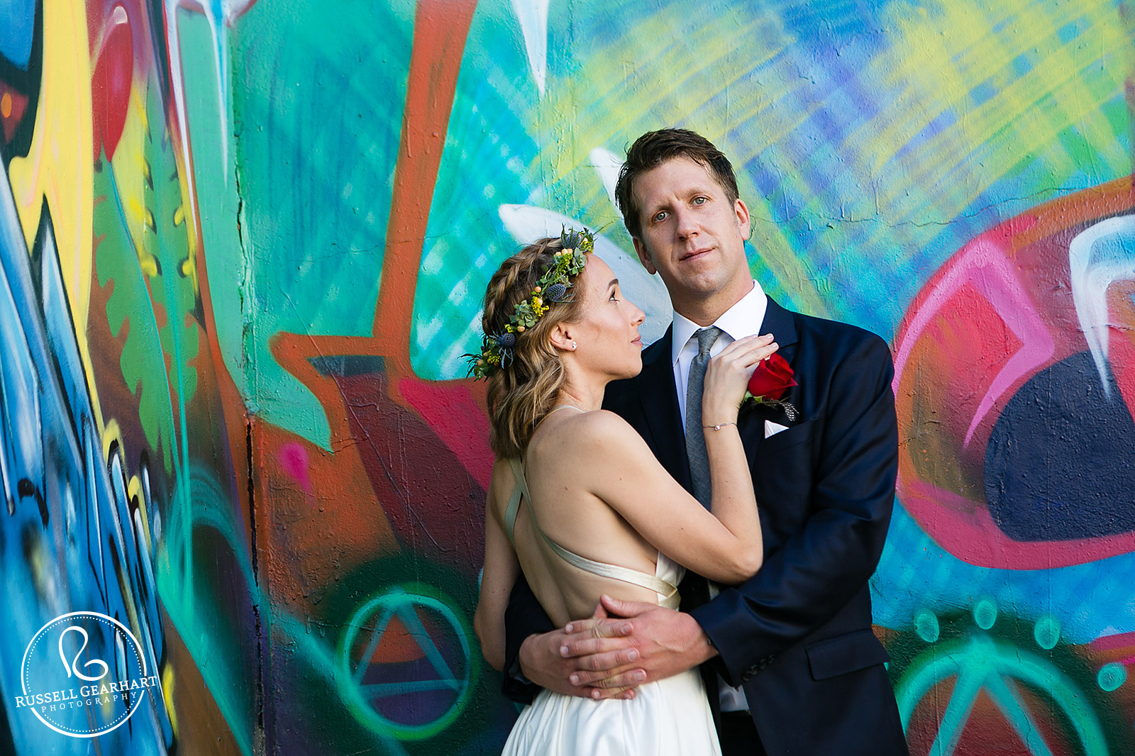 Bride and Groom Portrait with LA Mural – Millwick Wedding in Downtown LA – Russell Gearhart Photography – www.gearhartphoto.com