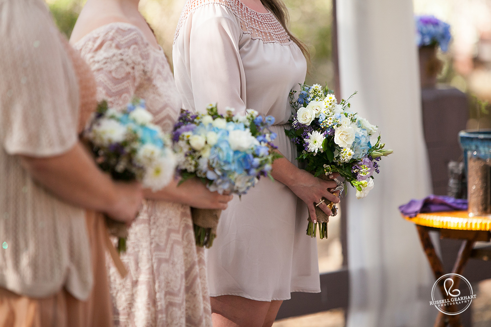 Blue and White Bridesmaid Bouquets – Orange County Park Wedding – Russell Gearhart Photography – www.gearhartphoto.com  