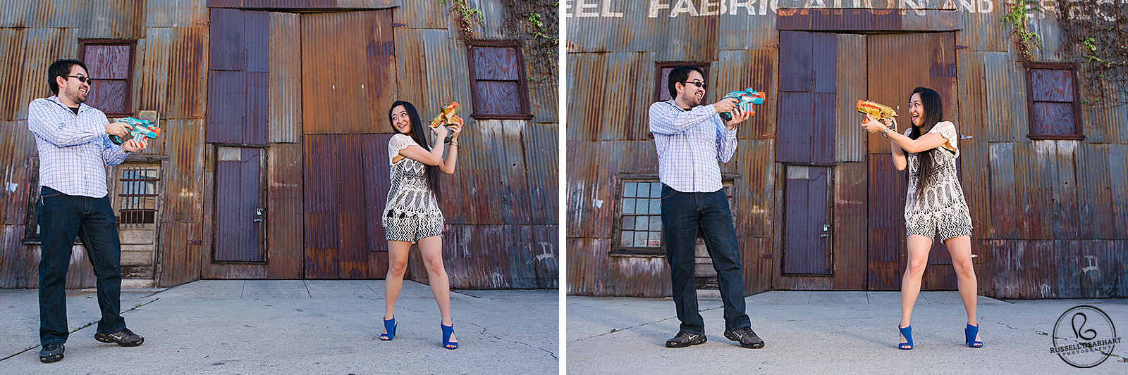 Nerf Gun Engagement Portrait: Los Angeles Industrial Engagement Portraits - Russell Gearhart Photography - www.gearhartphoto.com