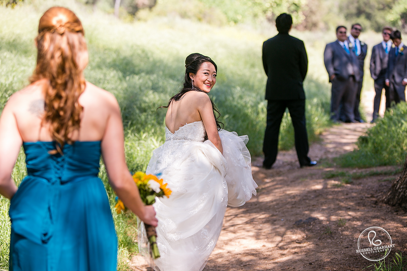 Bride sneaks up on groom for first look – Pasadena Wedding – Russell Gearhart Photography – www.gearhartphoto.com
