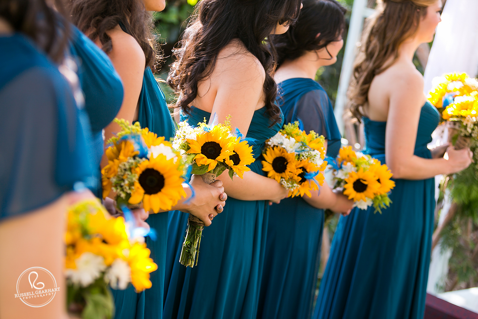 Sunflower bridesmaid bouquets – Outdoor Pasadena Wedding – Russell Gearhart Photography – www.gearhartphoto.com