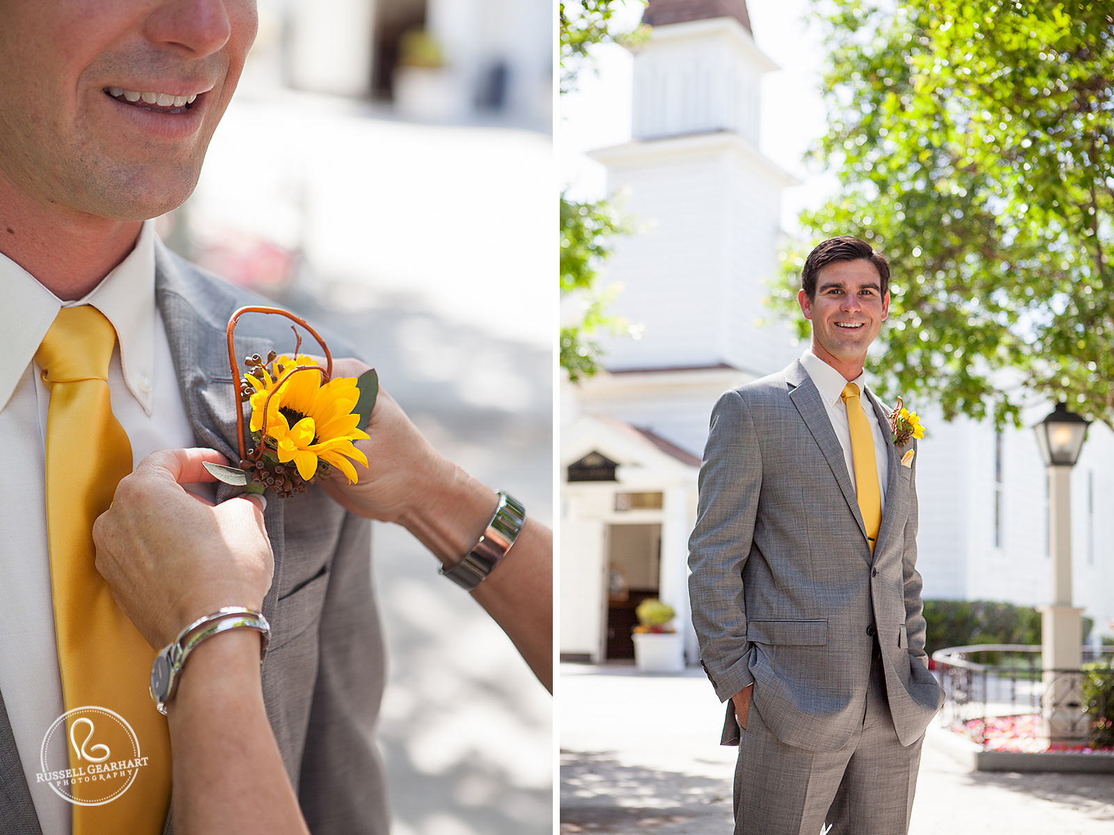 Groom's Sunflower Boutonniere – Groom in front of Knott’s Berry Farm Church of Reflections – Russell Gearhart Photography – www.gearhartphoto.com 