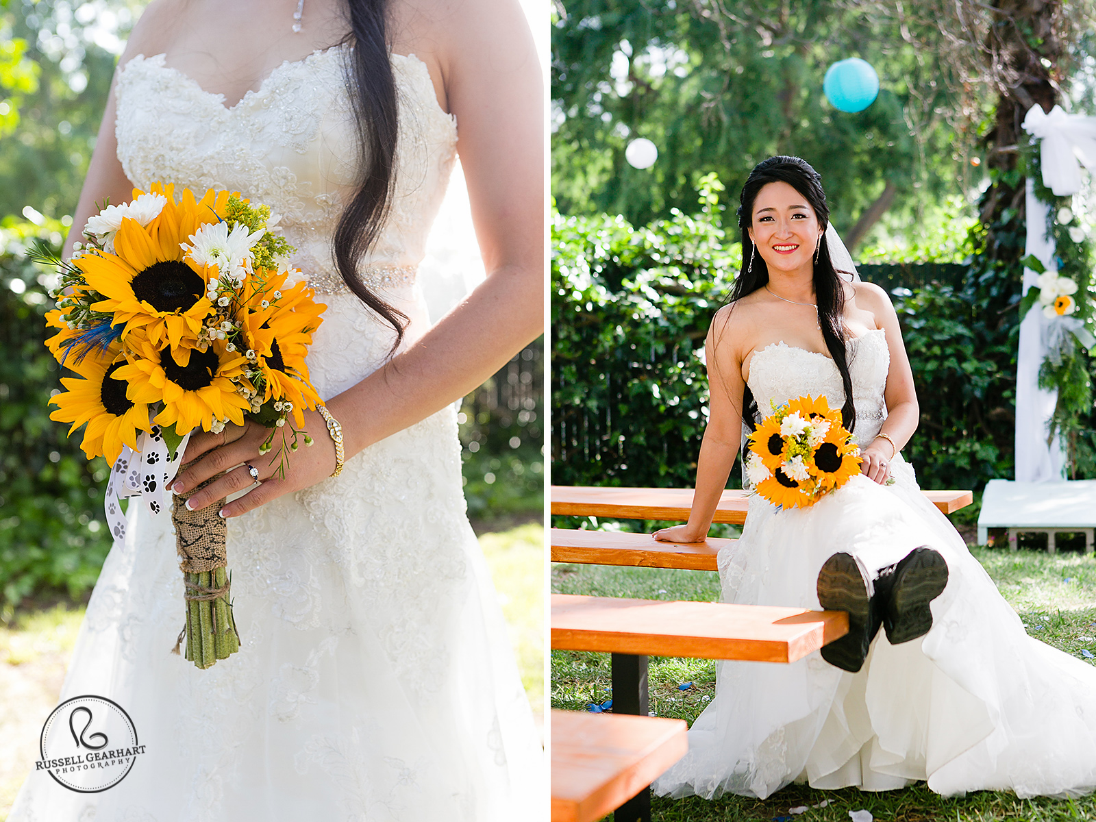 Sunflower Bridal Bouquet – Bride Wearing Sneakers – Altadena Backyard Wedding – Russell Gearhart Photography – www.gearhartphoto.com