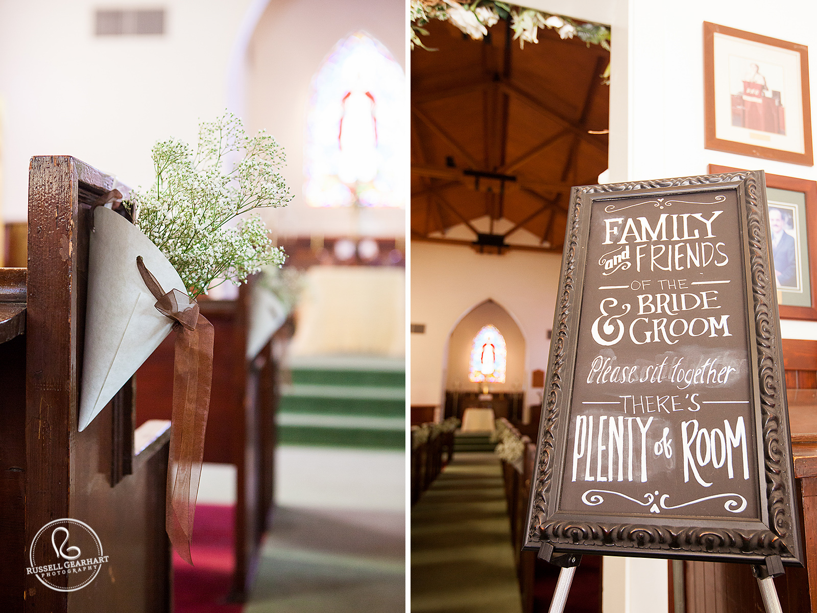 Chalkboard Wedding Sign - Baby's Breath Wedding Flowers - Knott’s Berry Farm Church of Reflections Wedding – Russell Gearhart Photography – www.gearhartphoto.com