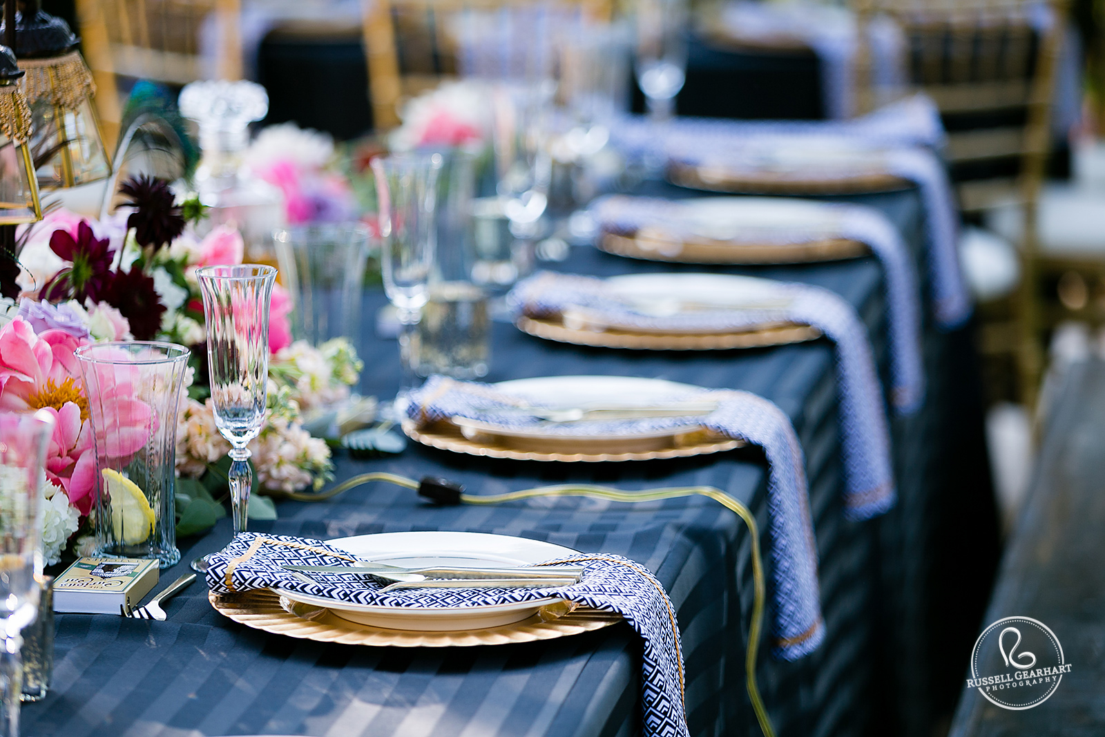 Gold and Blue Wedding Table Settings - Twenties Themed California Wedding – Russell Gearhart Photography – www.gearhartphoto.com