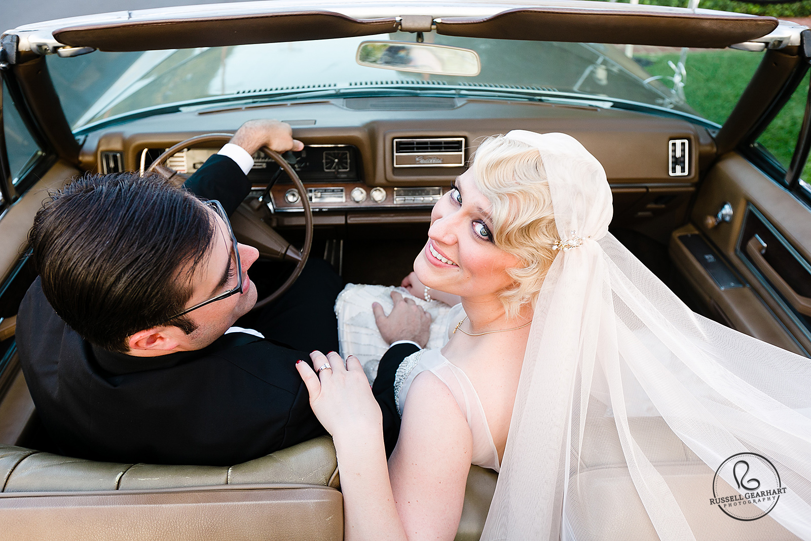 Bride and Groom in Gold Cadillac - Roaring Twenties Wedding – Russell Gearhart Photography – www.gearhartphoto.com