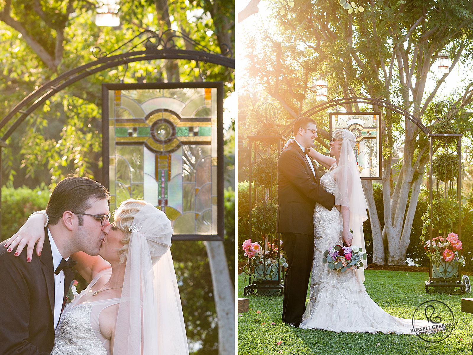 Sunset Bride and Groom Portrait - Stained Glass Window Arbor - Orange County Backyard Wedding – Russell Gearhart Photography – www.gearhartphoto.com