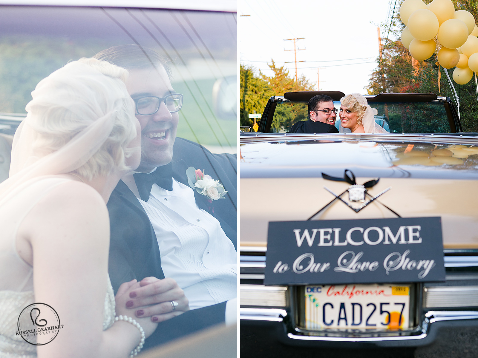 Welcome to Our Love Story Sign - Gold Cadillac - Bride and Groom in Gold Cadillac - Roaring Twenties Wedding – Russell Gearhart Photography – www.gearhartphoto.com