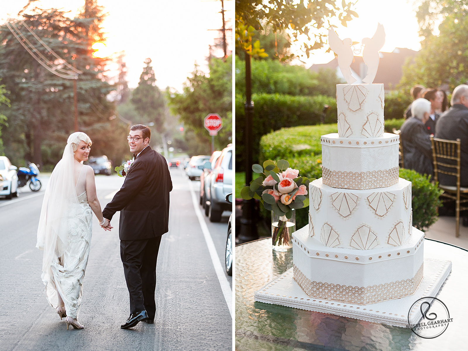 Couple at Sunset - Art Deco Wedding Cake - Backyard Whittier Wedding – Russell Gearhart Photography – www.gearhartphoto.com