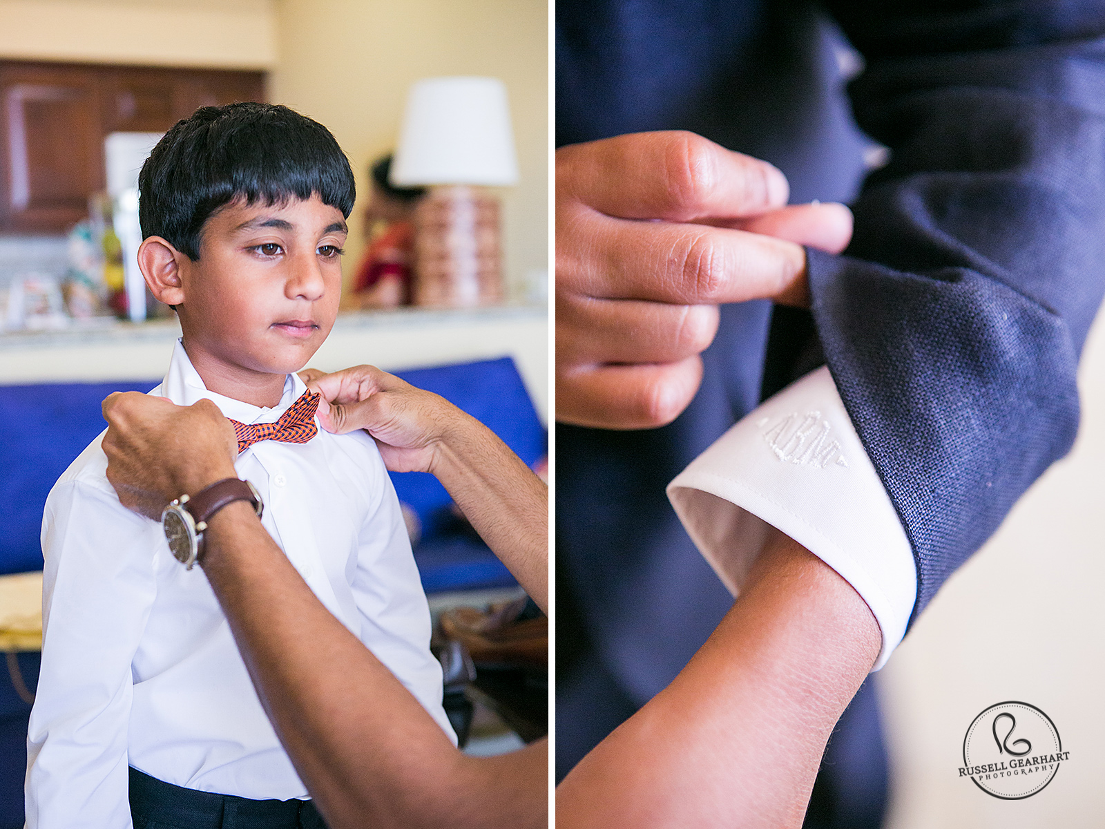 Ring Bearer Putting on Bow Tie – Groom's Monogramed Shirt Cuff – Indian Wedding in Cabo San Lucas – Russell Gearhart Photography – www.gearhartphoto.com