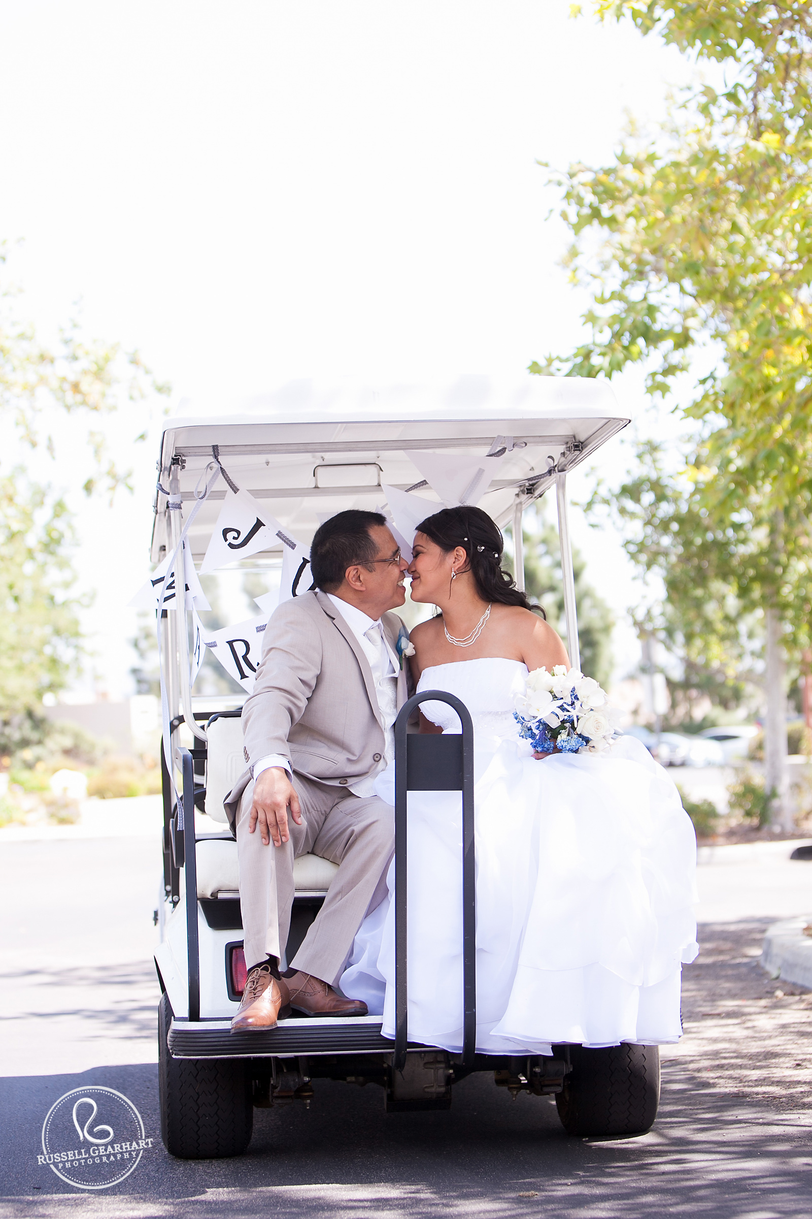 Just Married Couple on Golf Cart - Wedding at Black Gold Golf Club – Russell Gearhart Photography – www.gearhartphoto.com