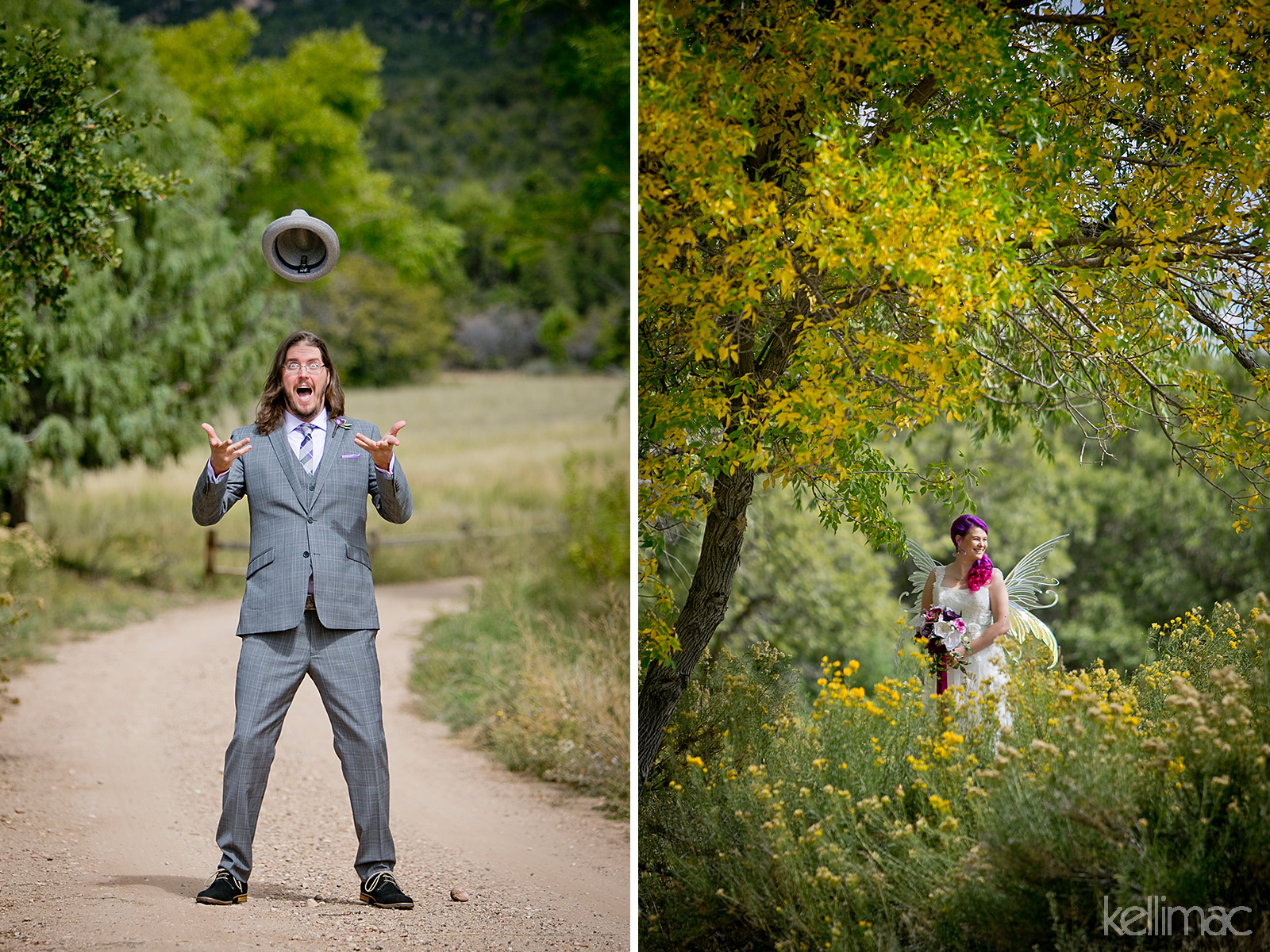 Russell throwing his hat - Ingrid is a fairy bride - Clear Creek Family Ranch Wedding Southern Utah - Photos by Kelli Maguire - www.kellimac.com
