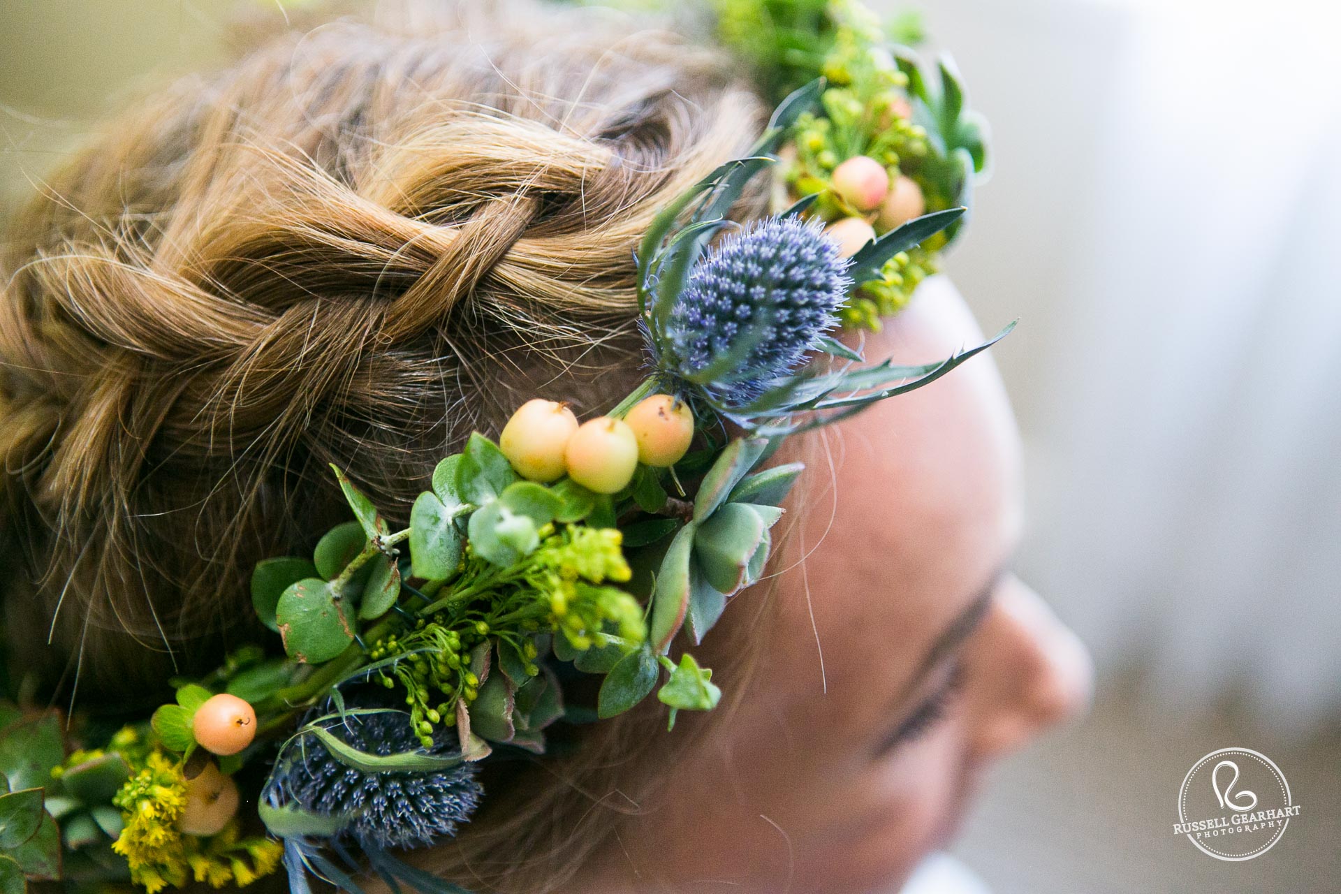 Wedding head wreath with thistles – Downton LA Wedding – www.gearhartphoto.com – Russell Gearhart Photography