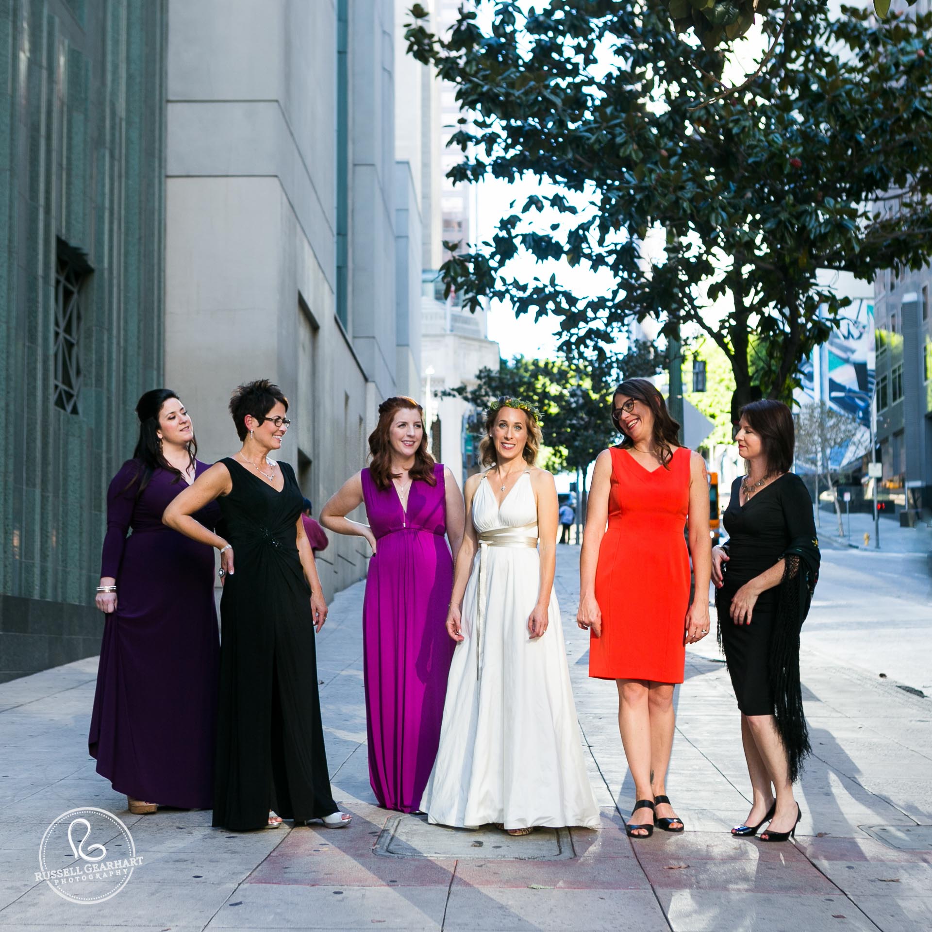 Bride and bridesmaids in streets of Downtown Los Angeles – Southern California Wedding at the Millwick – www.gearhartphoto.com – Russell Gearhart Photography