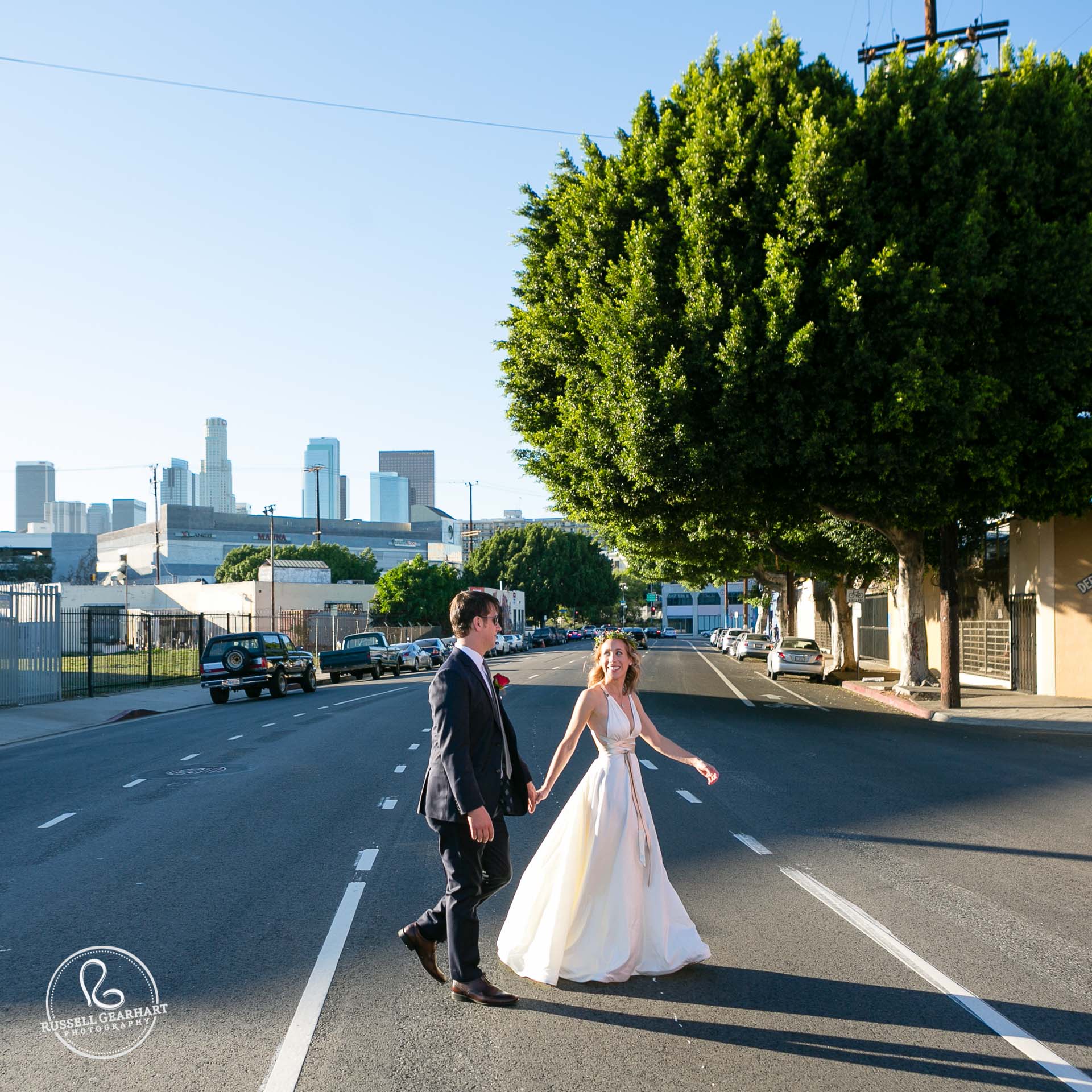 Bride and Groom Cross Street – Downton LA Wedding – www.gearhartphoto.com – Russell Gearhart Photography