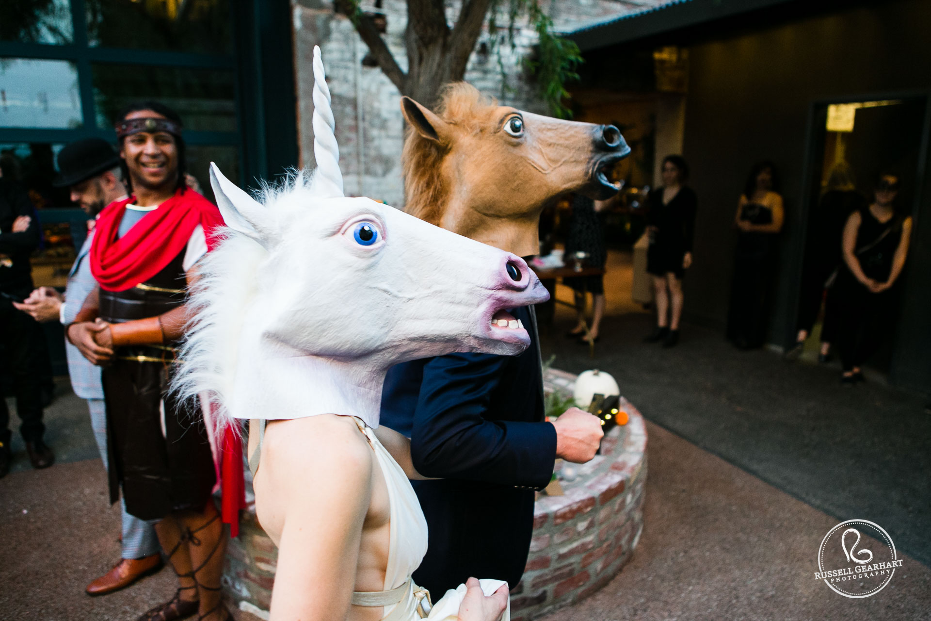 Unicorn and Horse Masks – Halloween Wedding at the Millwick – www.gearhartphoto.com – Russell Gearhart Photography
