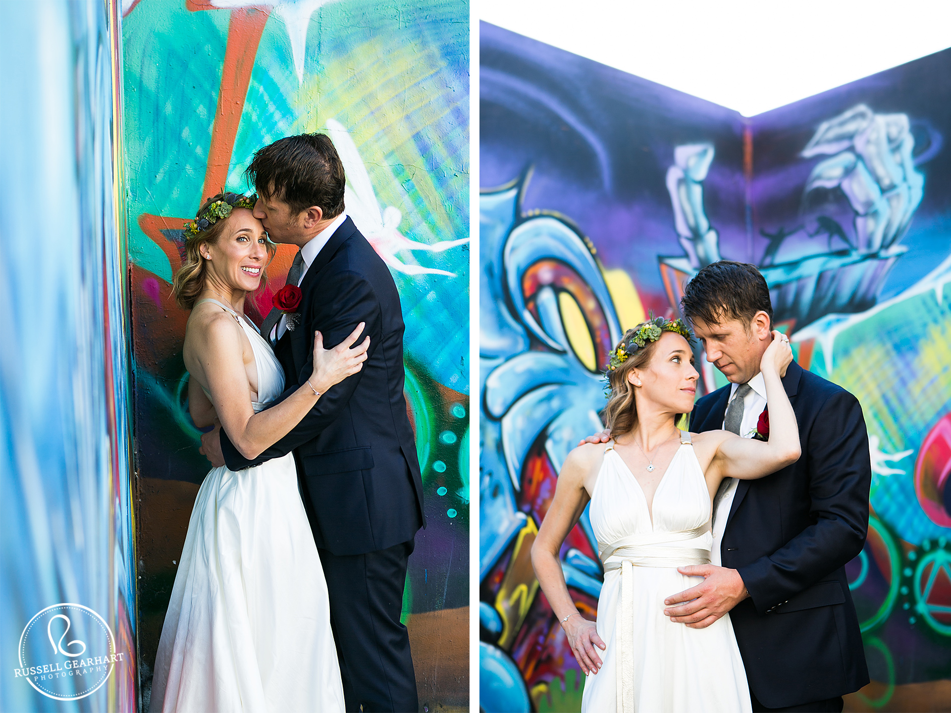 Colorful Mural Bride and Groom Portraits – Downton LA Wedding – www.gearhartphoto.com – Russell Gearhart Photography