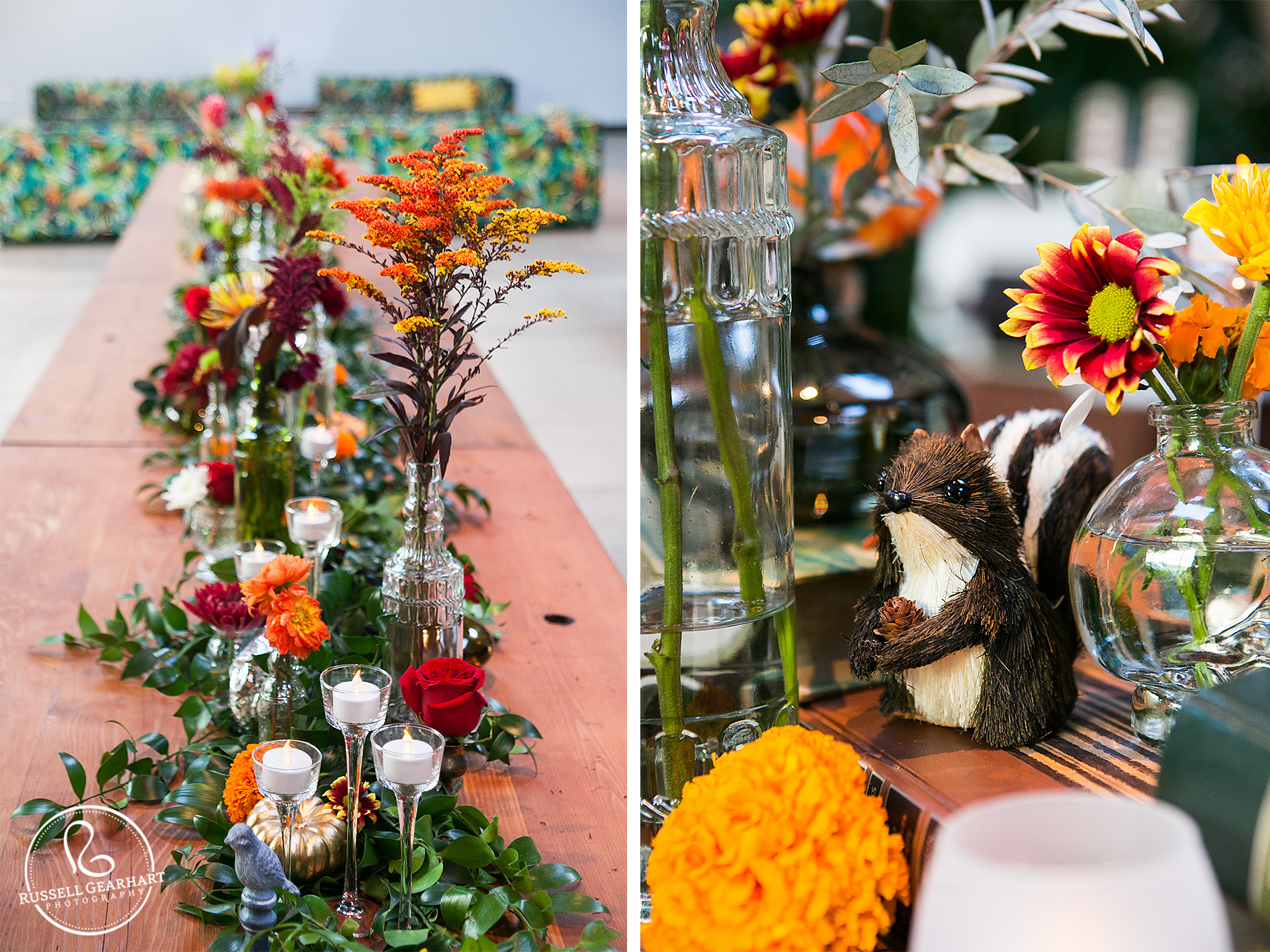 Fall Wedding Reception Table Decorations – Halloween Wedding at the Millwick – www.gearhartphoto.com – Russell Gearhart Photography