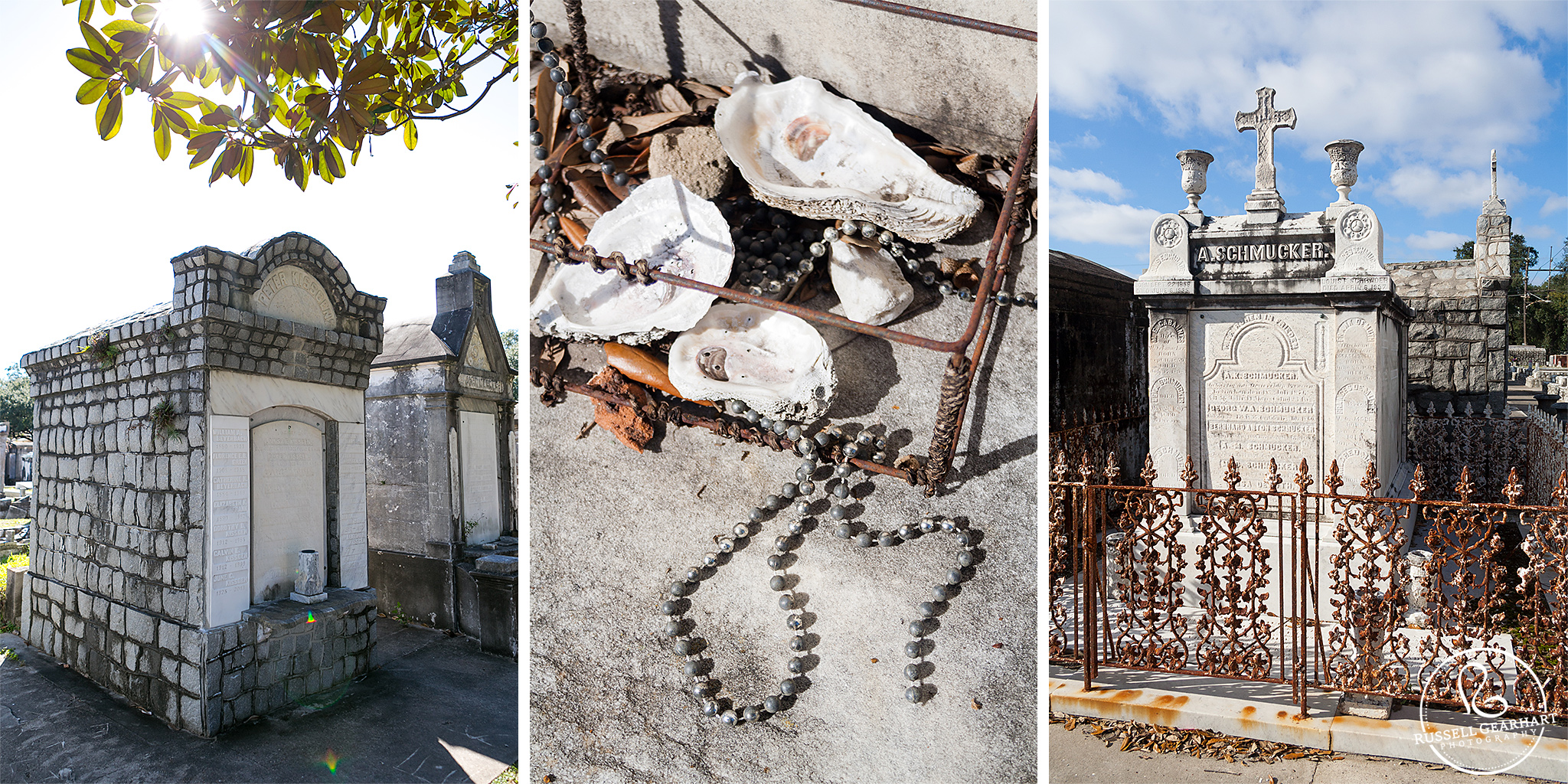 The graves are decorated with mardi-gras beads, oysters, and flowers.